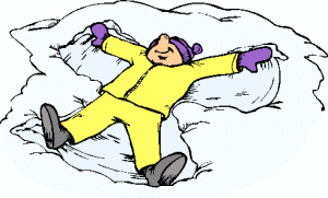 Illustration of a kid in a yellow snow suit making a snow angel